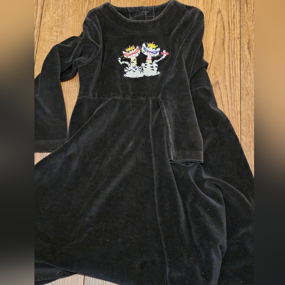90s Fancy Embroidered Kitties Girls A-Line Dress Velour Black Sz S USA Made Vtg